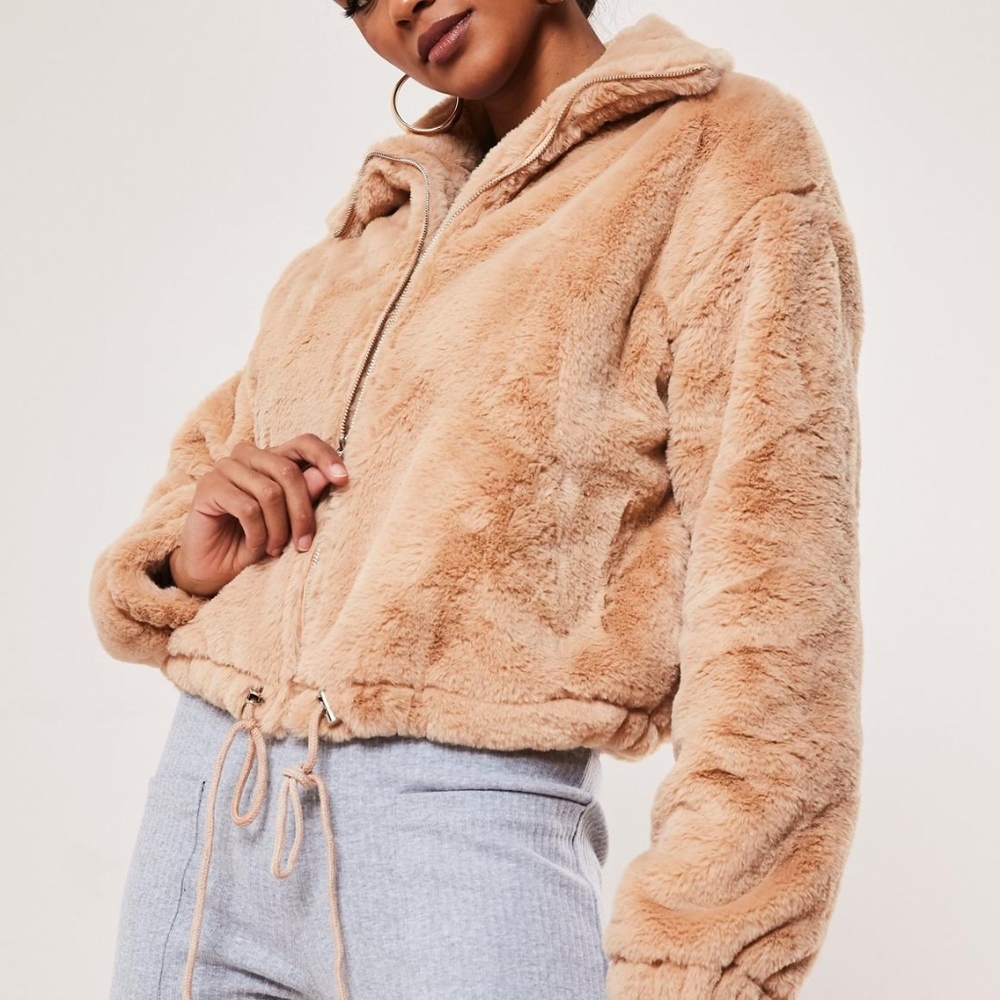 Camel Cropped Faux Fur Bomber Jacket